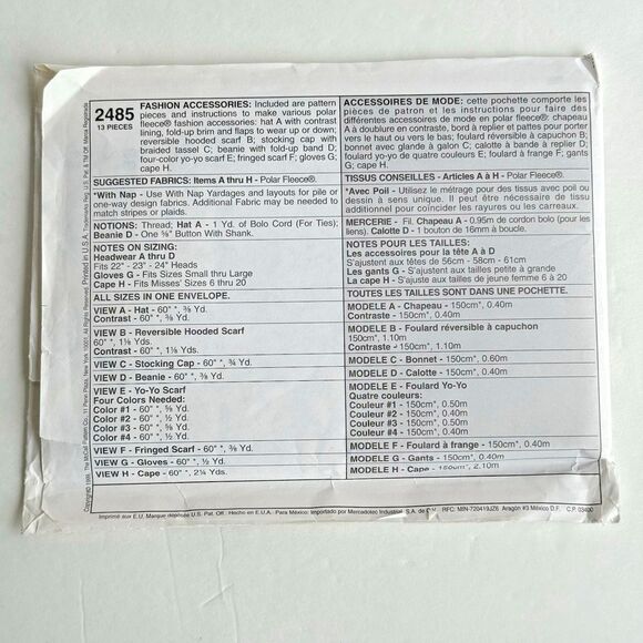 VTG WOMENS MCCALLS 2485 FLEECE SEWING PATTERN HAT CAPE BEANIE YO YO SCARF GLOVES - Picture 3 of 3